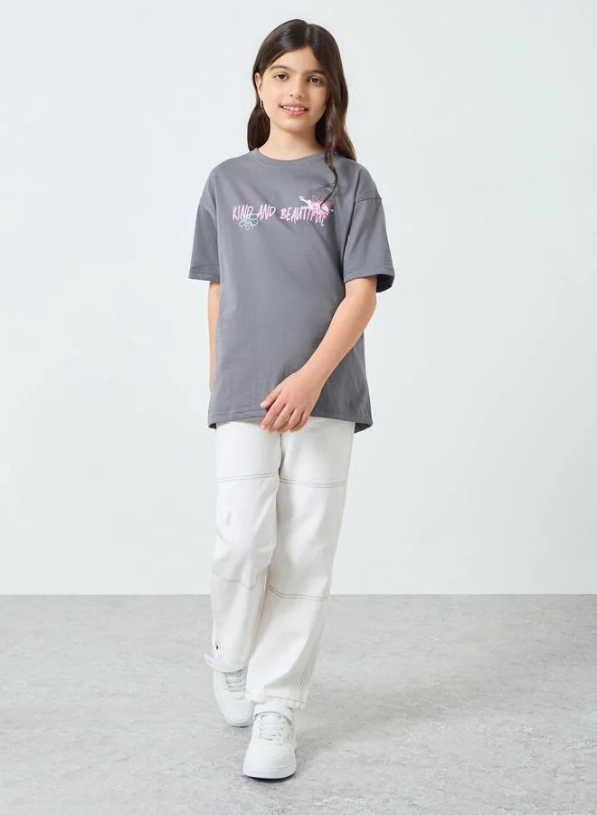 Styli Girls Grey Graphic Print Cotton T-Shirt